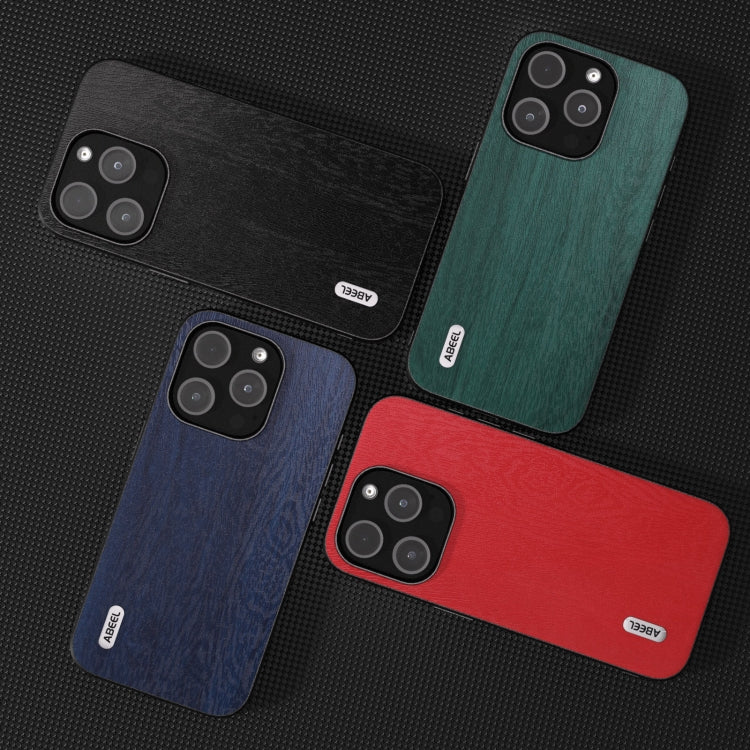 For iPhone 15 Pro ABEEL Wood Texture PU Phone Case(Blue) - HoMEdemic™ 