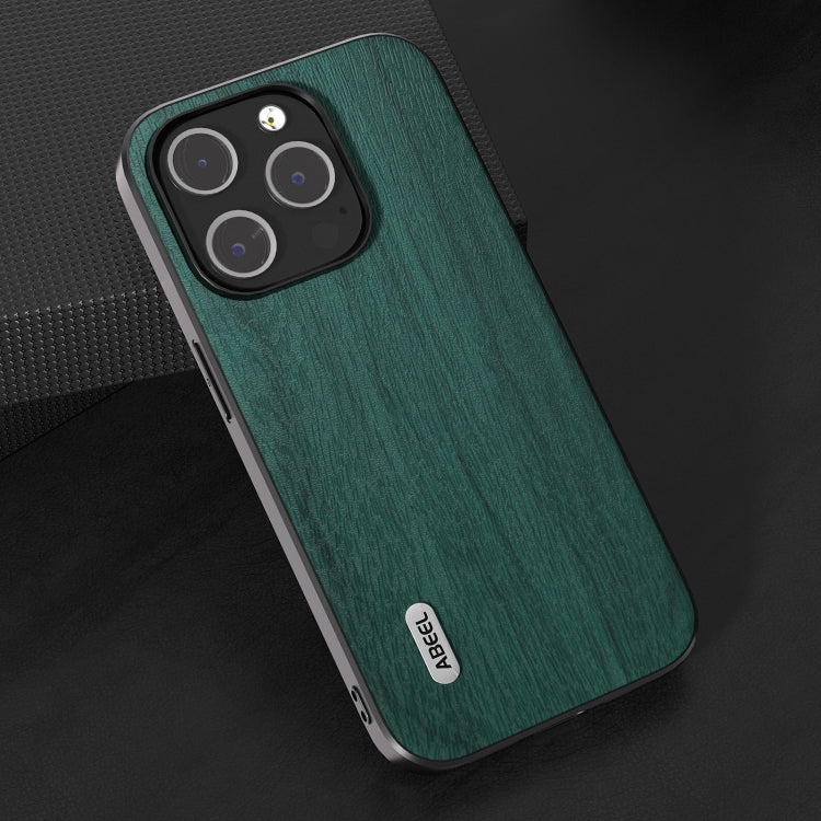 For iPhone 15 Pro ABEEL Wood Texture PU Phone Case(Green) - HoMEdemic™ 