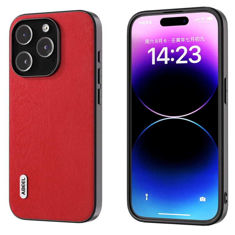 For iPhone 15 Pro ABEEL Wood Texture PU Phone Case(Red) - HoMEdemic™ 