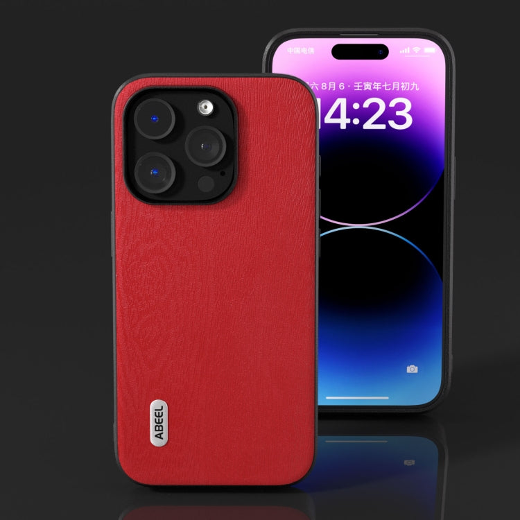 For iPhone 15 Pro ABEEL Wood Texture PU Phone Case(Red) - HoMEdemic™ 
