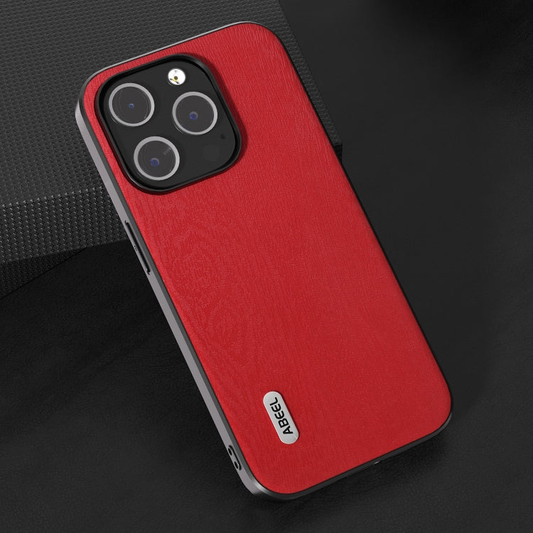 For iPhone 15 Pro ABEEL Wood Texture PU Phone Case(Red) - HoMEdemic™ 