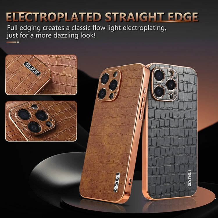 For iPhone 15 Pro AZNS Electroplated Frame Crocodile Texture Full Coverage Phone Case(Black) - HoMEdemic™ 