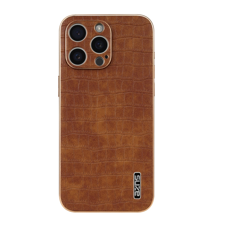 For iPhone 15 Pro AZNS Electroplated Frame Crocodile Texture Full Coverage Phone Case(Brown) - HoMEdemic™ 