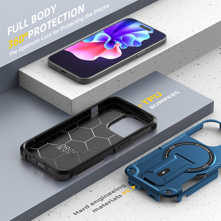 For iPhone 15 Pro Armor Magsafe Holder PC Hybrid TPU Phone Case(Dark Blue) - HoMEdemic™ 