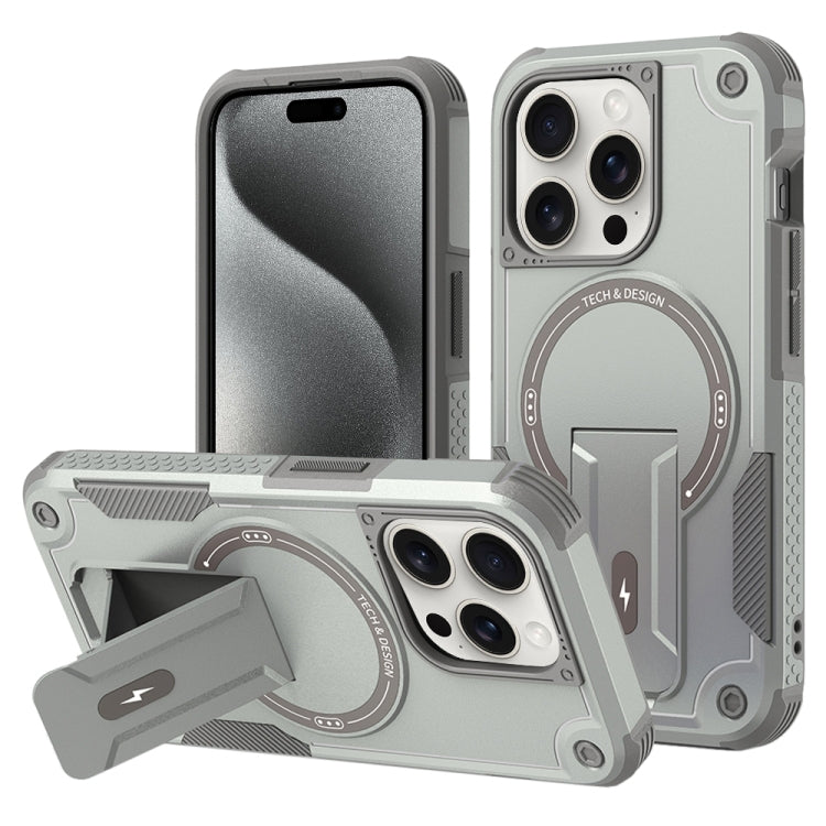 For iPhone 15 Pro Armor Magsafe Holder PC Hybrid TPU Phone Case(Grey) - HoMEdemic™ 