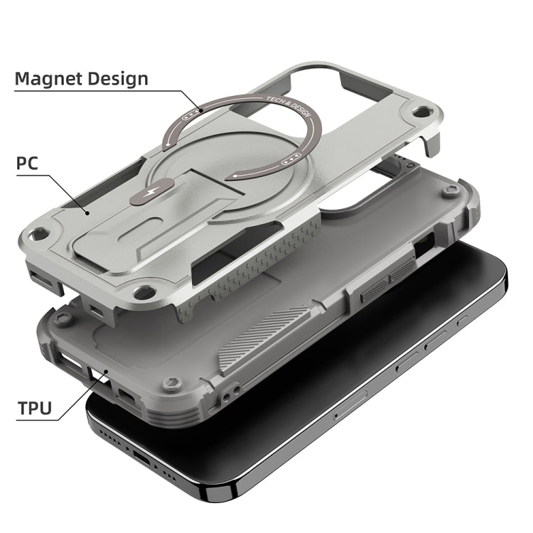 For iPhone 15 Pro Armor Magsafe Holder PC Hybrid TPU Phone Case(Grey) - HoMEdemic™ 
