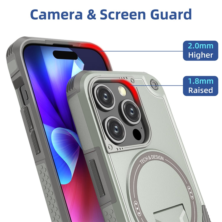 For iPhone 15 Pro Armor Magsafe Holder PC Hybrid TPU Phone Case(Grey) - HoMEdemic™ 