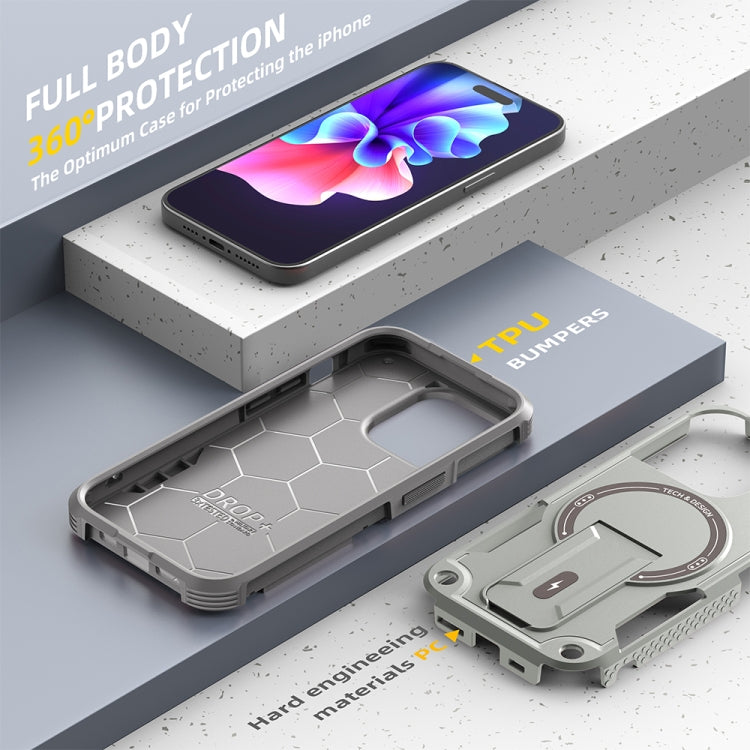 For iPhone 15 Pro Armor Magsafe Holder PC Hybrid TPU Phone Case(Grey) - HoMEdemic™ 