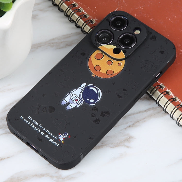For iPhone 15 Pro Astronaut Pattern Silicone Straight Edge Phone Case(Planet Landing-Black) - HoMEdemic™ 