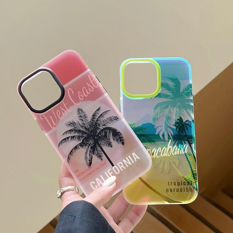 For iPhone 15 Pro Beach Coconut Dual-side Laminating Laser Frosted Phone Case(Red Yellow) - HoMEdemic™ 