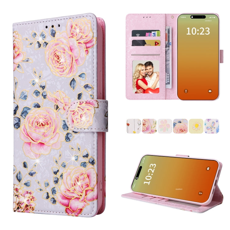 For iPhone 15 Pro Bronzing Painting RFID Leather Case(Pastoral Rose) - HoMEdemic™ 