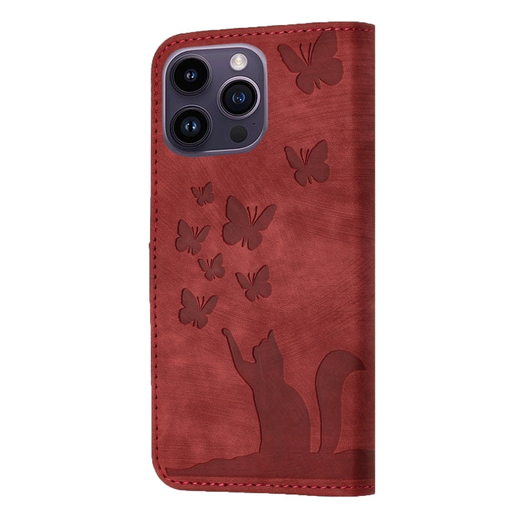 For iPhone 15 Pro Butterfly Cat Embossing Flip Leather Phone Case(Red) - HoMEdemic™ 