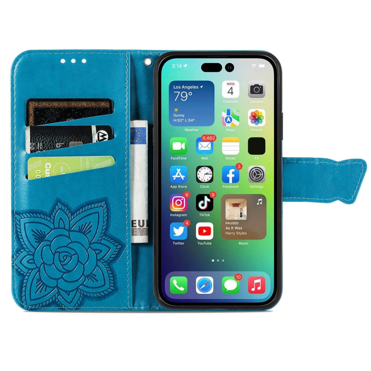 For iPhone 15 Pro Butterfly Love Flower Embossed Leather Phone Case(Blue) - HoMEdemic™ 