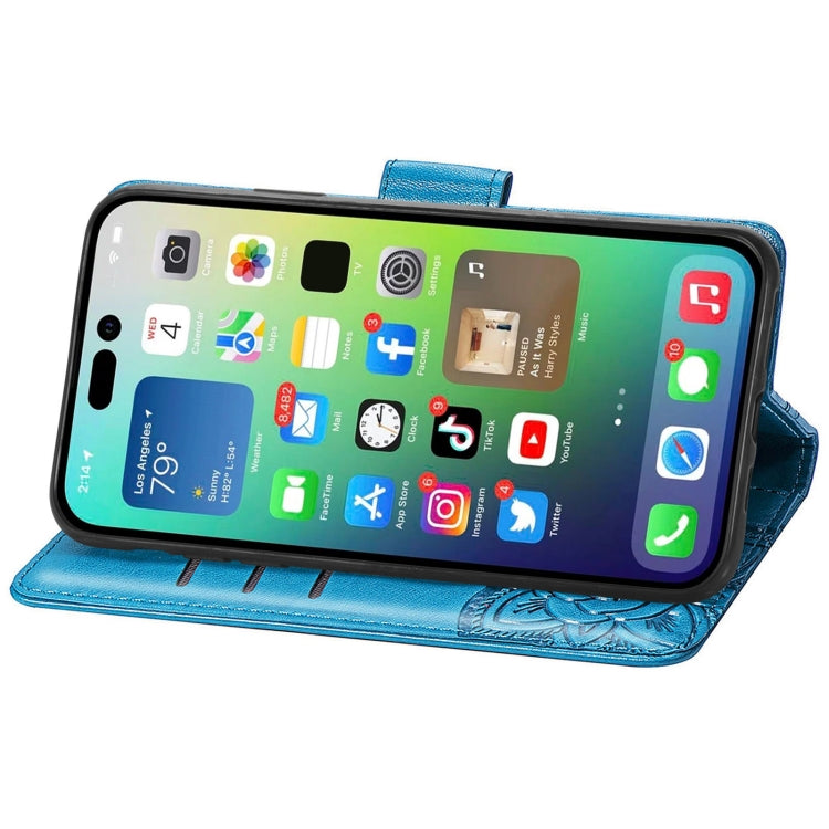 For iPhone 15 Pro Butterfly Love Flower Embossed Leather Phone Case(Blue) - HoMEdemic™ 