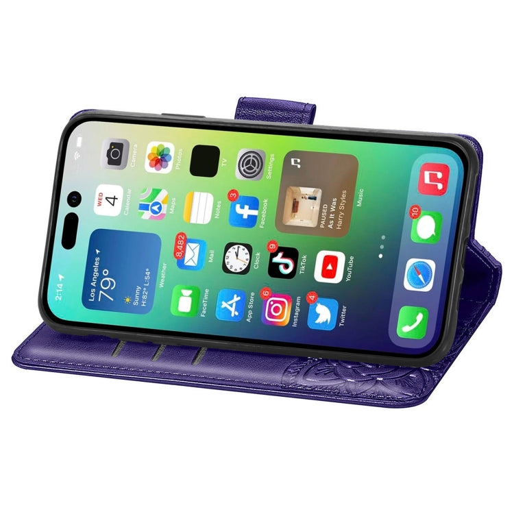 For iPhone 15 Pro Butterfly Love Flower Embossed Leather Phone Case(Dark Purple) - HoMEdemic™ 