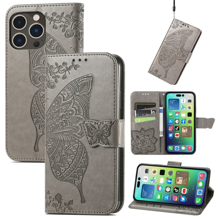 For iPhone 15 Pro Butterfly Love Flower Embossed Leather Phone Case(Gray) - HoMEdemic™ 