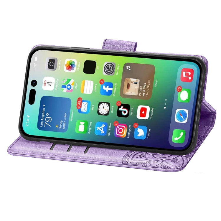 For iPhone 15 Pro Butterfly Love Flower Embossed Leather Phone Case(Light Purple) - HoMEdemic™ 