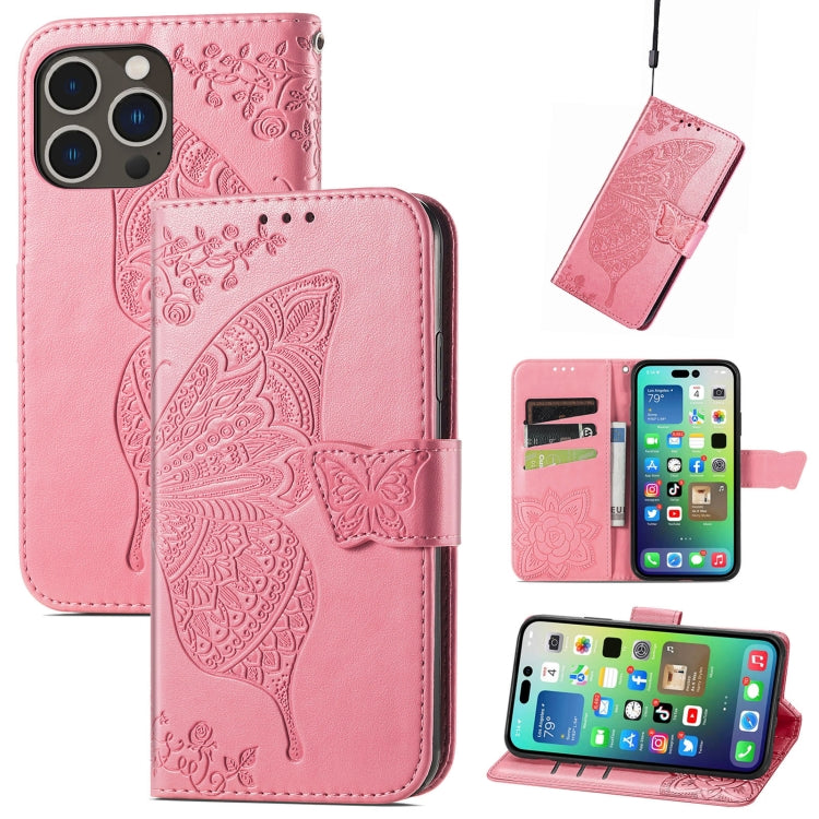 For iPhone 15 Pro Butterfly Love Flower Embossed Leather Phone Case(Pink) - HoMEdemic™ 