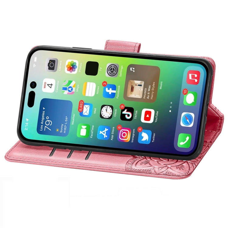 For iPhone 15 Pro Butterfly Love Flower Embossed Leather Phone Case(Pink) - HoMEdemic™ 