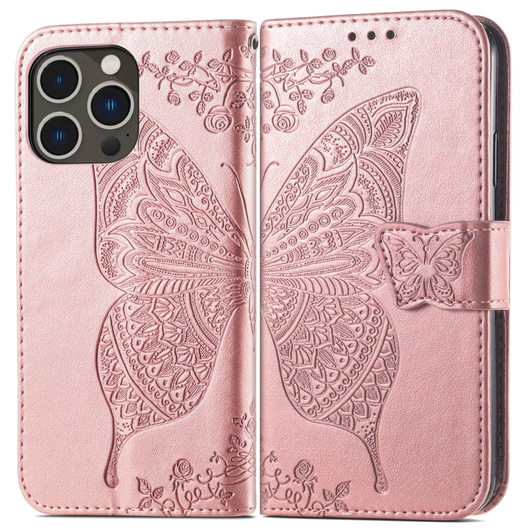 For iPhone 15 Pro Butterfly Love Flower Embossed Leather Phone Case(Rose Gold) - HoMEdemic™ 