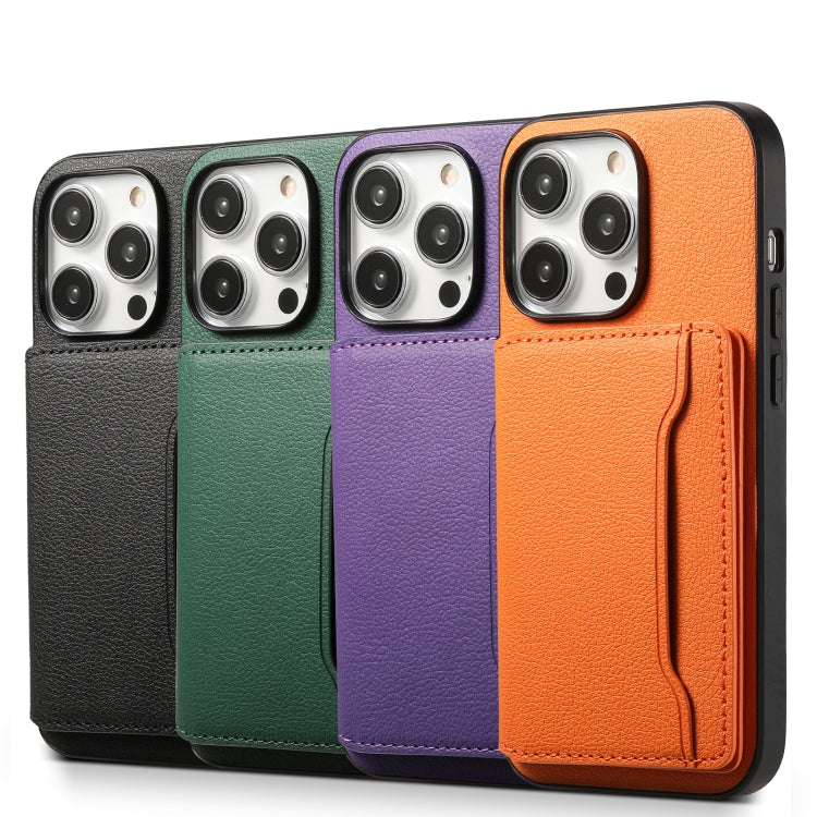 For iPhone 15 Pro Calf Texture Card Bag Design Full Coverage Phone Case(Purple) - HoMEdemic™ 