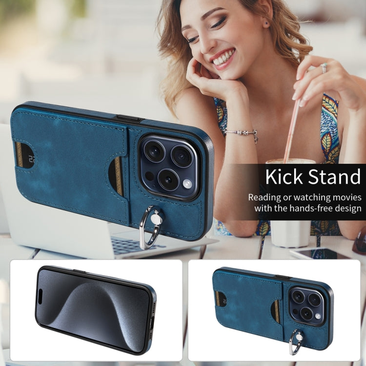 For iPhone 15 Pro Calf Texture Card Slot Ring Holder Phone Case(Blue) - HoMEdemic™ 