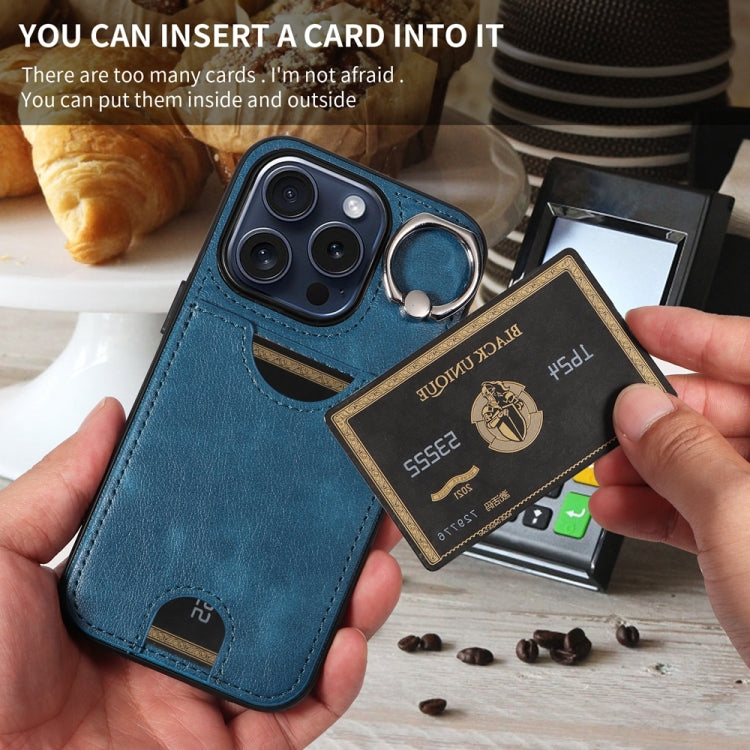 For iPhone 15 Pro Calf Texture Card Slot Ring Holder Phone Case(Blue) - HoMEdemic™ 