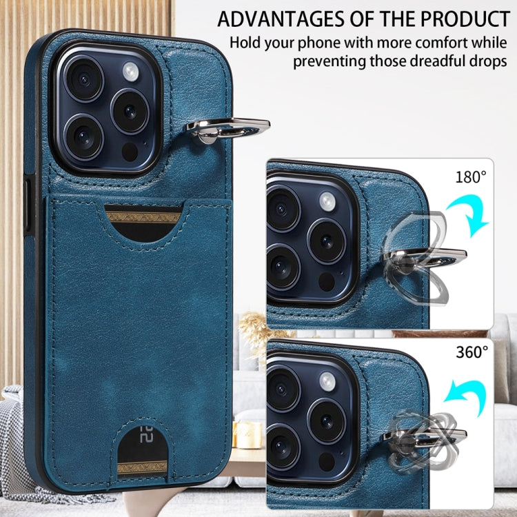 For iPhone 15 Pro Calf Texture Card Slot Ring Holder Phone Case(Blue) - HoMEdemic™ 