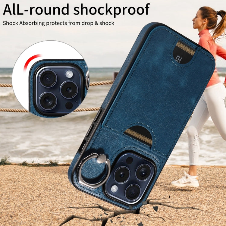 For iPhone 15 Pro Calf Texture Card Slot Ring Holder Phone Case(Blue) - HoMEdemic™ 