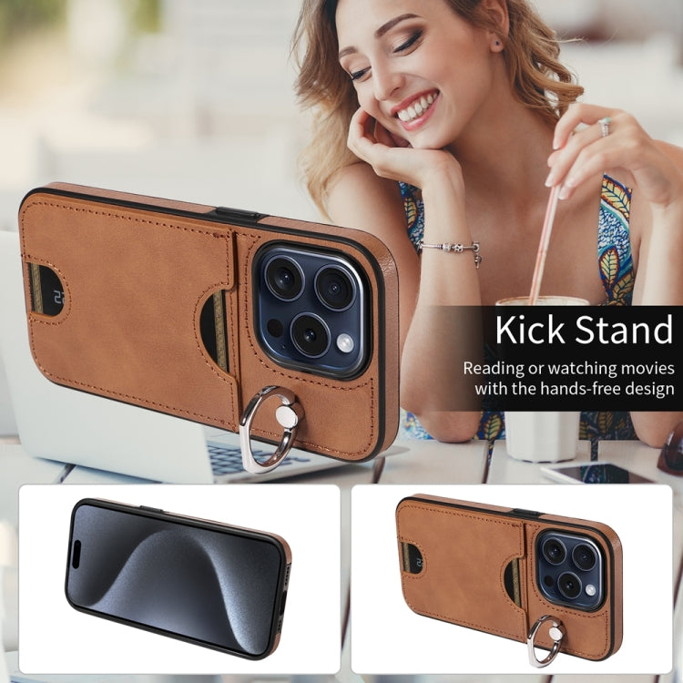 For iPhone 15 Pro Calf Texture Card Slot Ring Holder Phone Case(Brown) - HoMEdemic™ 