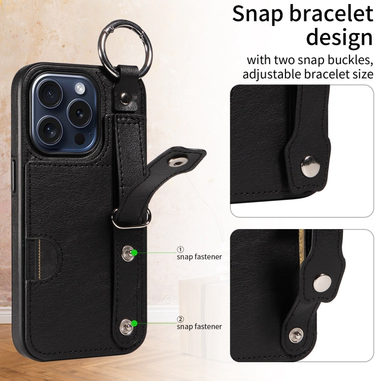 For iPhone 15 Pro Calf Texture Wrist Card Slot Ring Phone Case(Black) - HoMEdemic™ 