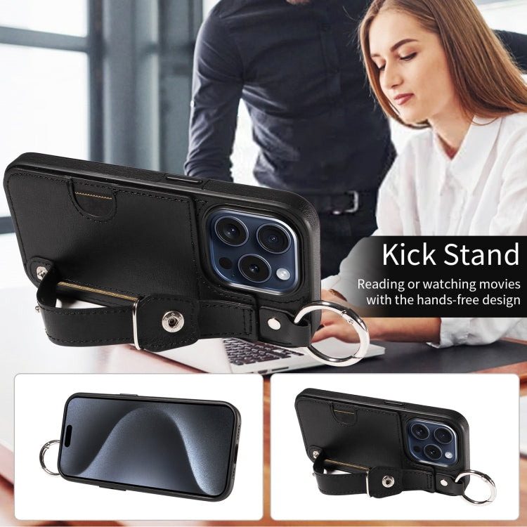 For iPhone 15 Pro Calf Texture Wrist Card Slot Ring Phone Case(Black) - HoMEdemic™ 