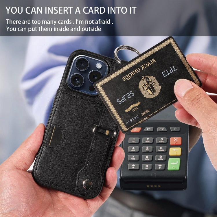 For iPhone 15 Pro Calf Texture Wrist Card Slot Ring Phone Case(Black) - HoMEdemic™ 