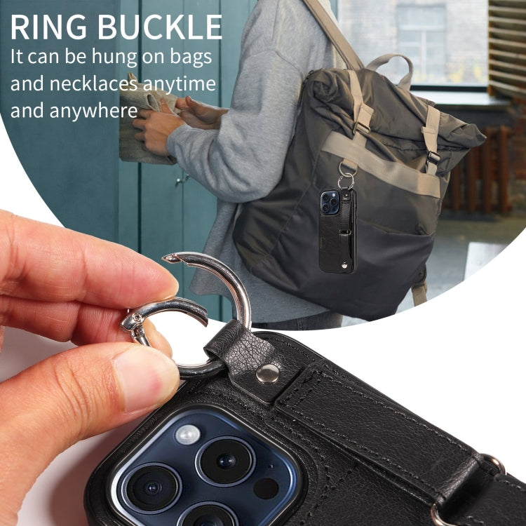 For iPhone 15 Pro Calf Texture Wrist Card Slot Ring Phone Case(Black) - HoMEdemic™ 