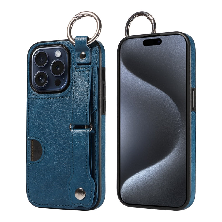 For iPhone 15 Pro Calf Texture Wrist Card Slot Ring Phone Case(Blue) - HoMEdemic™ 