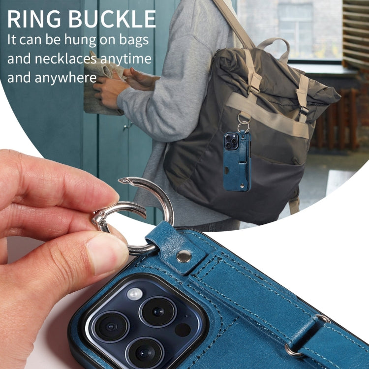 For iPhone 15 Pro Calf Texture Wrist Card Slot Ring Phone Case(Blue) - HoMEdemic™ 