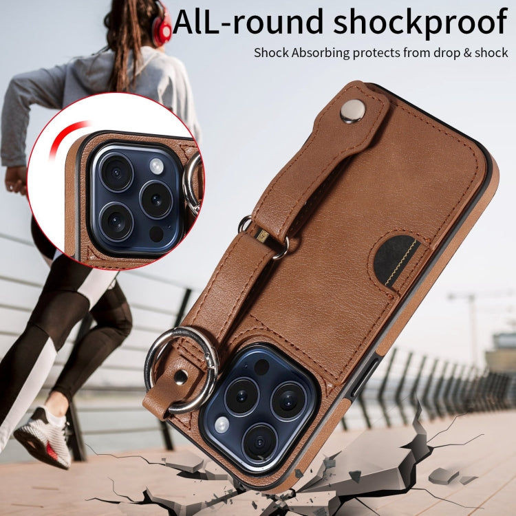 For iPhone 15 Pro Calf Texture Wrist Card Slot Ring Phone Case(Brown) - HoMEdemic™ 