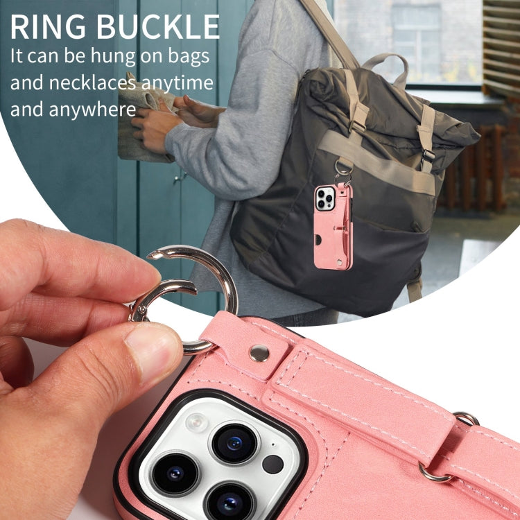For iPhone 15 Pro Calf Texture Wrist Card Slot Ring Phone Case(Pink) - HoMEdemic™ 