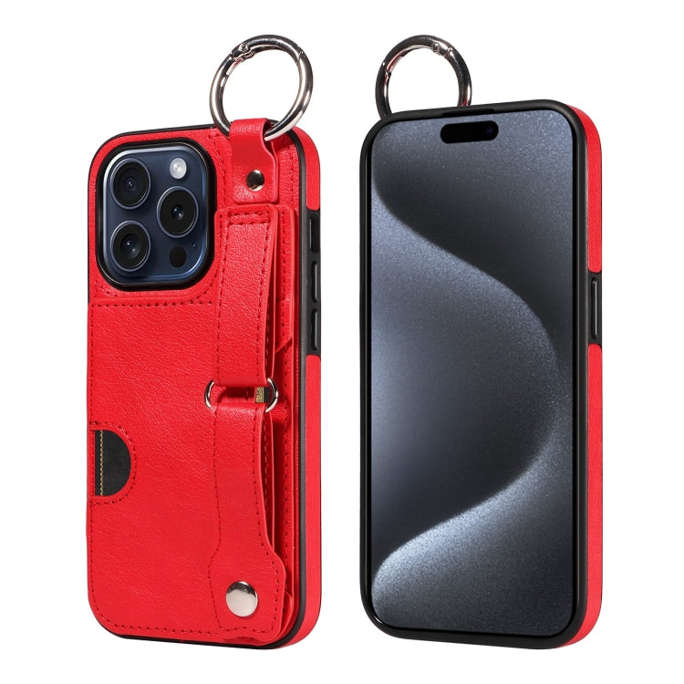 For iPhone 15 Pro Calf Texture Wrist Card Slot Ring Phone Case(Red) - HoMEdemic™ 