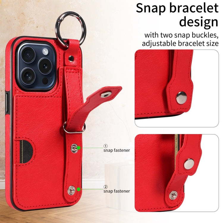 For iPhone 15 Pro Calf Texture Wrist Card Slot Ring Phone Case(Red) - HoMEdemic™ 