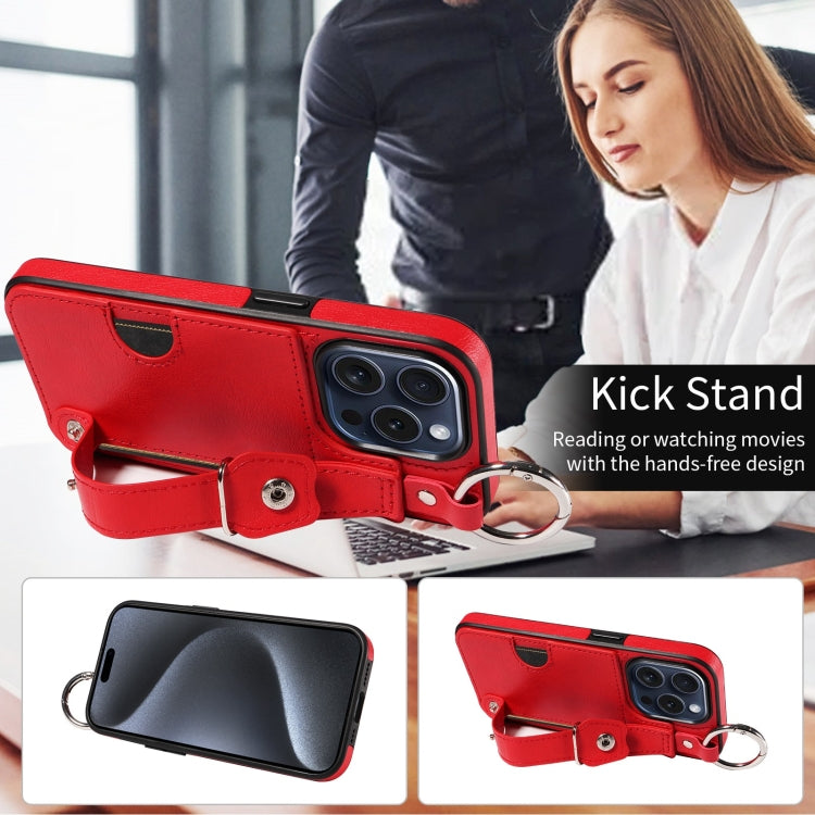 For iPhone 15 Pro Calf Texture Wrist Card Slot Ring Phone Case(Red) - HoMEdemic™ 