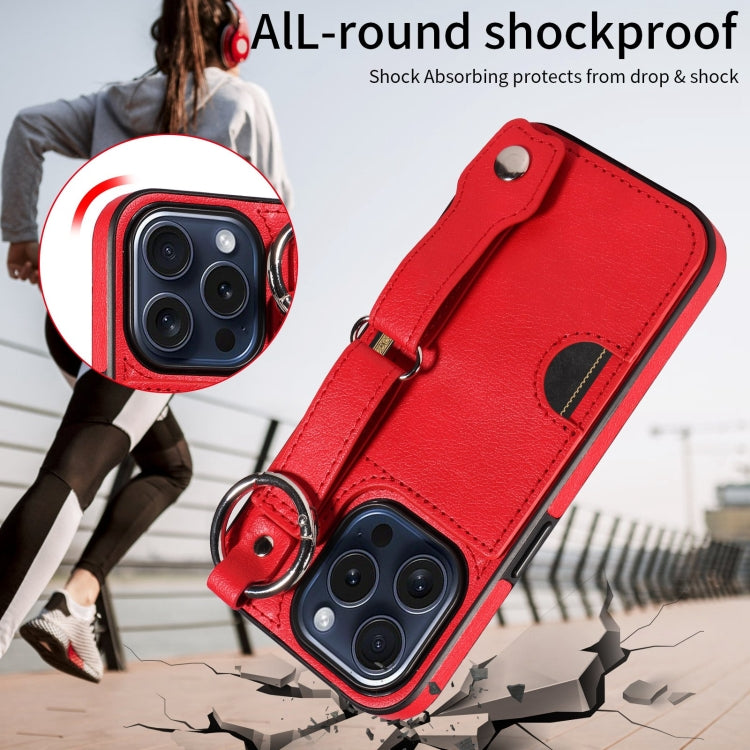 For iPhone 15 Pro Calf Texture Wrist Card Slot Ring Phone Case(Red) - HoMEdemic™ 
