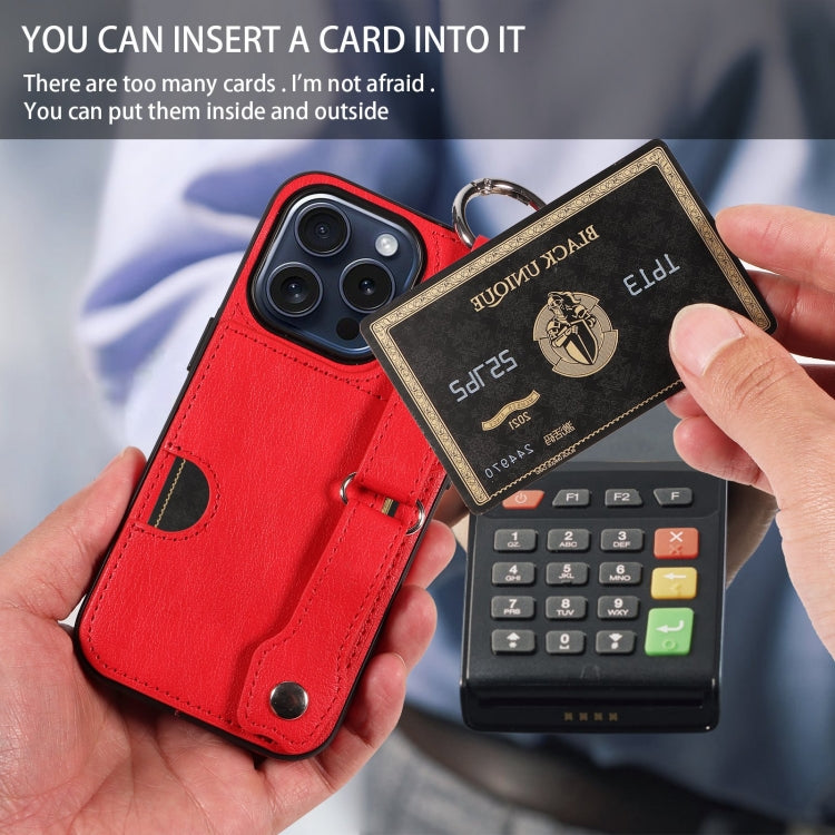 For iPhone 15 Pro Calf Texture Wrist Card Slot Ring Phone Case(Red) - HoMEdemic™ 