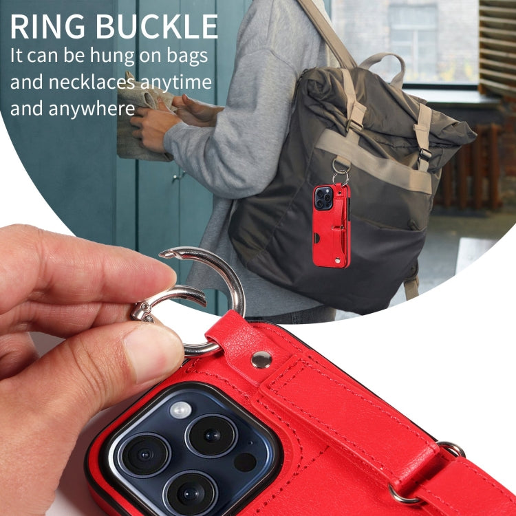 For iPhone 15 Pro Calf Texture Wrist Card Slot Ring Phone Case(Red) - HoMEdemic™ 