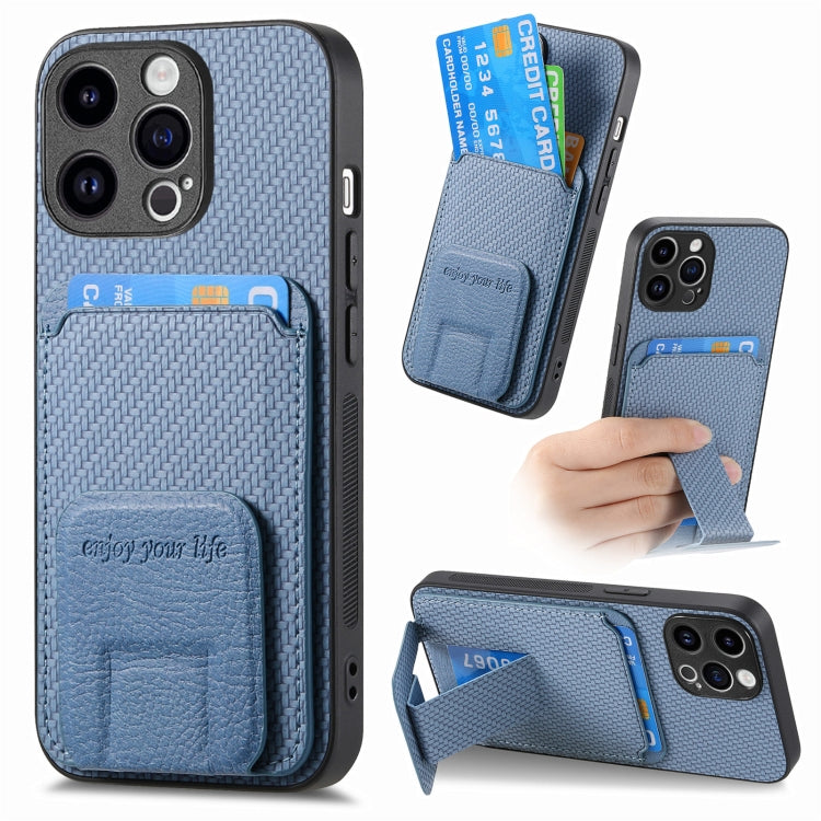 For iPhone 15 Pro Carbon Fiber Card Bag Fold Stand Phone Case(Blue) - HoMEdemic™ 