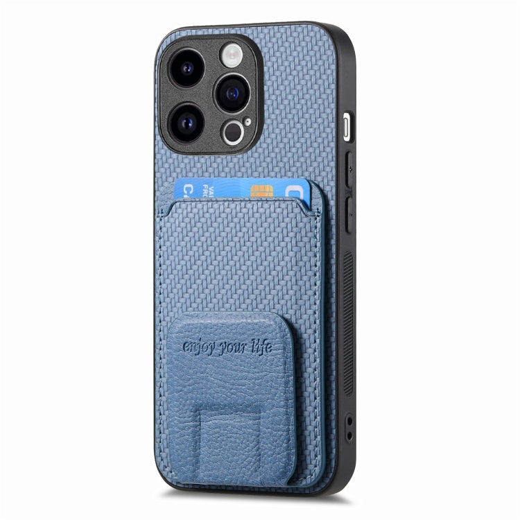 For iPhone 15 Pro Carbon Fiber Card Bag Fold Stand Phone Case(Blue) - HoMEdemic™ 