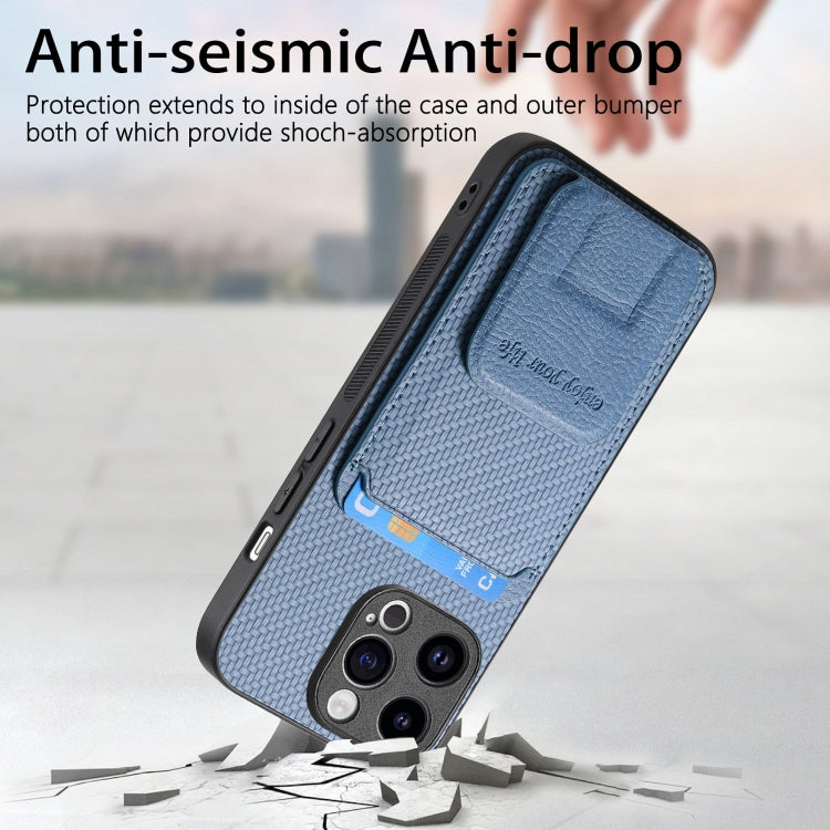 For iPhone 15 Pro Carbon Fiber Card Bag Fold Stand Phone Case(Blue) - HoMEdemic™ 