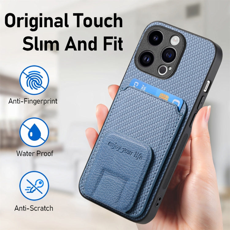 For iPhone 15 Pro Carbon Fiber Card Bag Fold Stand Phone Case(Blue) - HoMEdemic™ 