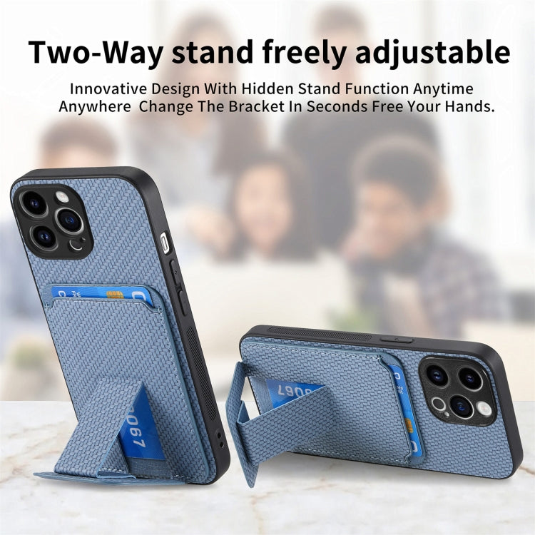 For iPhone 15 Pro Carbon Fiber Card Bag Fold Stand Phone Case(Blue) - HoMEdemic™ 