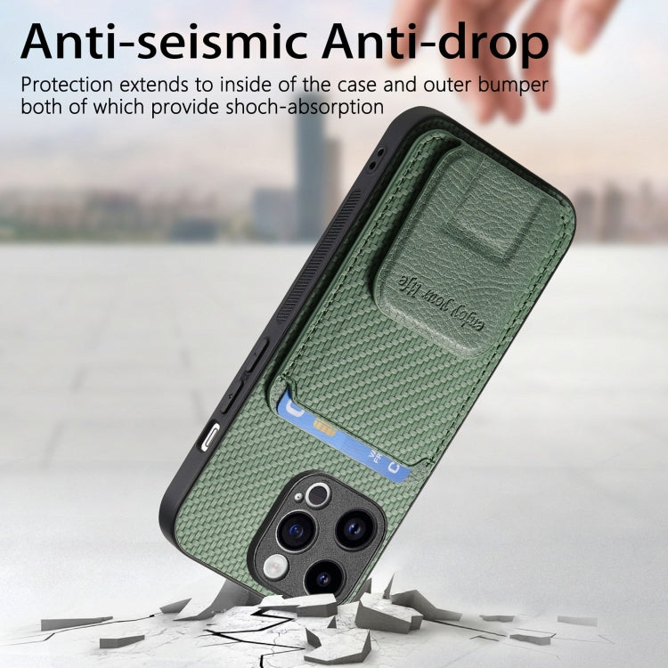 For iPhone 15 Pro Carbon Fiber Card Bag Fold Stand Phone Case(Green) - HoMEdemic™ 
